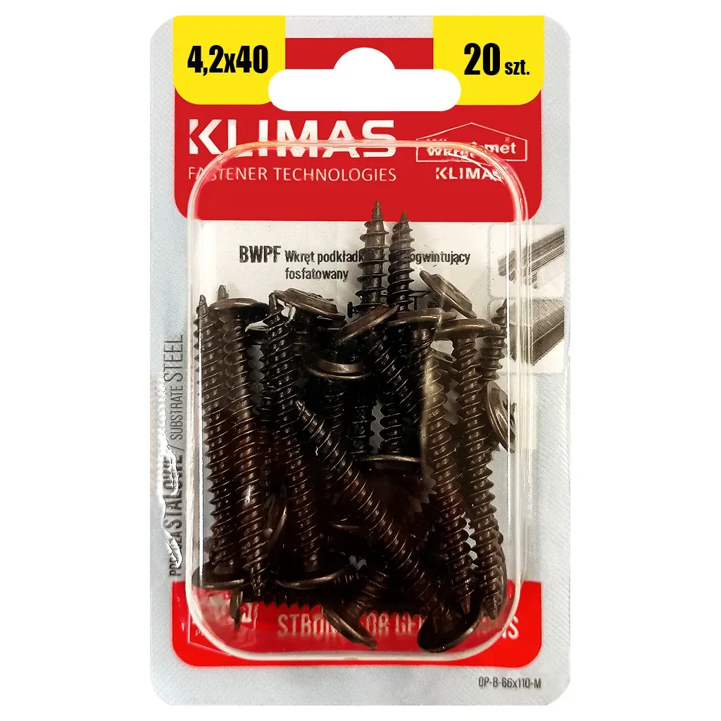 WKRĘTY PODKŁADKOWE SAMOGWINTUJĄCE 4,2x40mm PH CZARNE 20 szt KLIMAS BWPF-42040