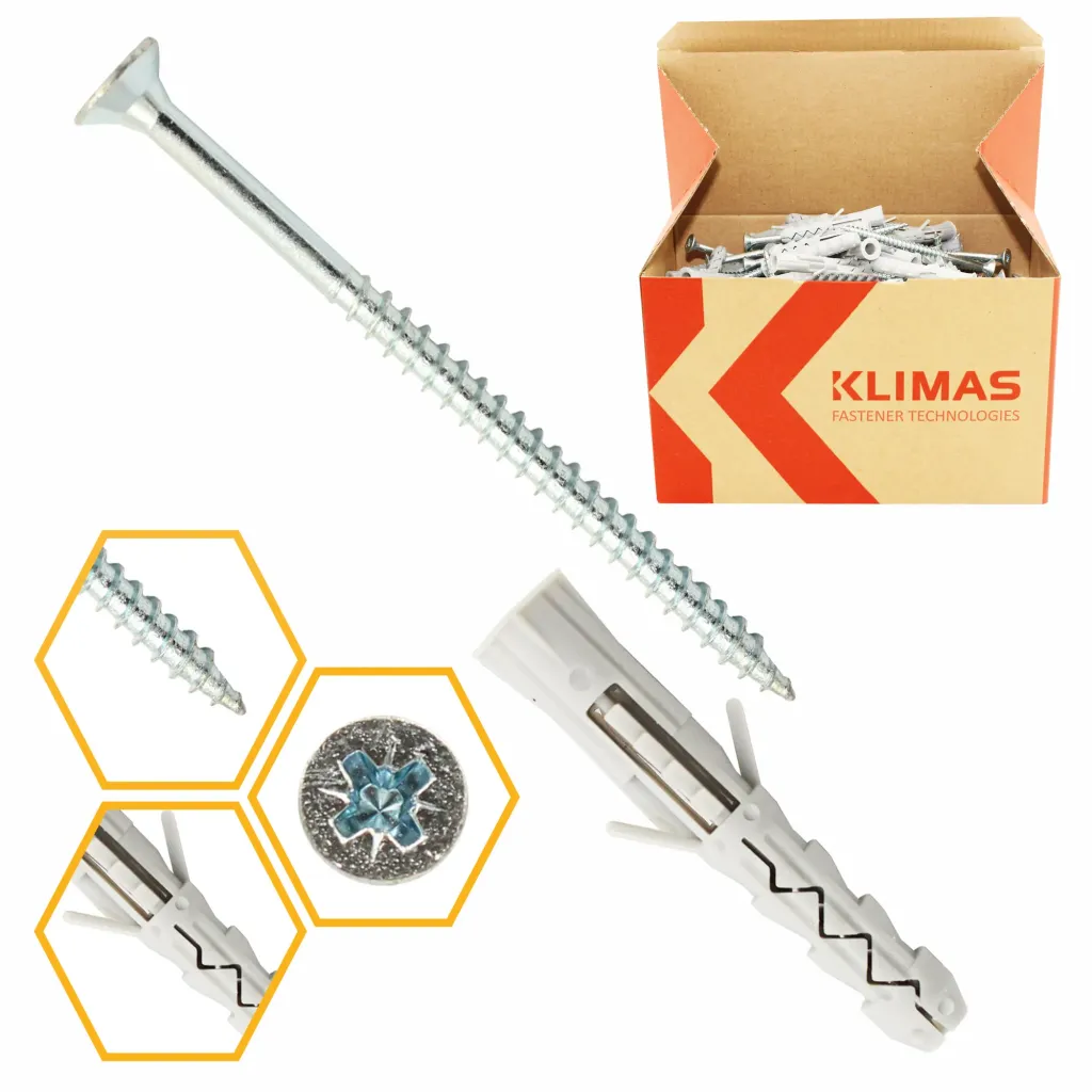 KOŁKI ROZPOROWE 10x50 Z WKRĘTEM 5x50 STOŻKOWE PZ2  DYBLE 100szt KLIMAS KRX-105050