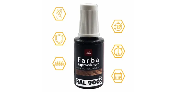 FARBA ZAPRAWKOWA CZARNA DO BLACH DACHOWYCH STALOWYCH 22ml RAL 9005 LUGGER