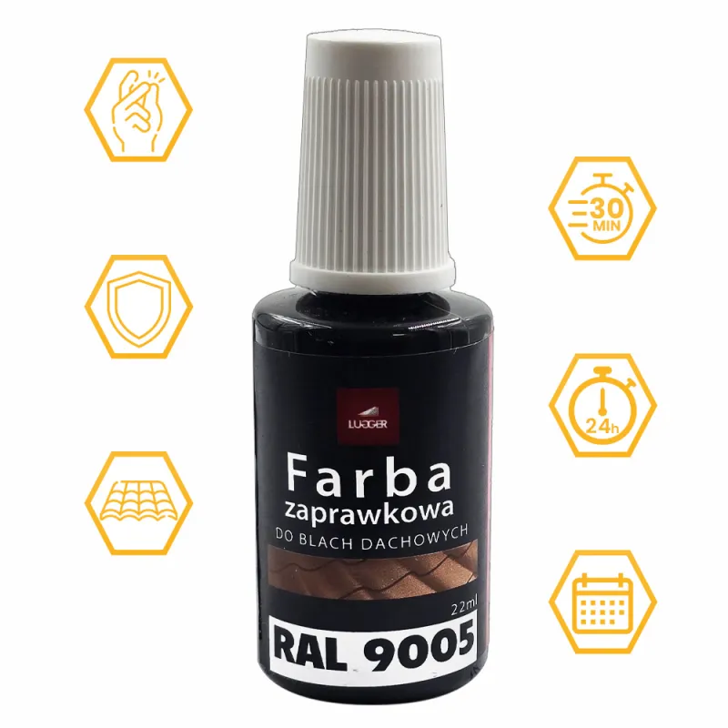 FARBA ZAPRAWKOWA CZARNA DO BLACH DACHOWYCH STALOWYCH 22ml RAL 9005 LUGGER