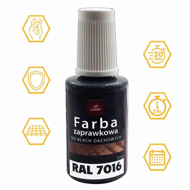 FARBA ZAPRAWKOWA ANTRACYT DO BLACH DACHOWYCH STALOWYCH 22ml RAL 7016 LUGGER