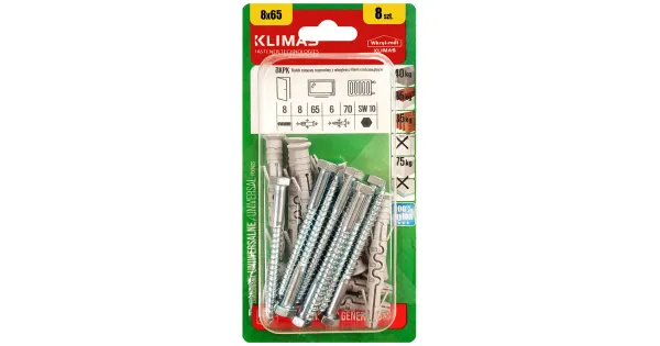 KOŁKI ROZPOROWE RAMOWE 8x65 Z ŁBEM SZEŚCIOKĄTNYM SW-10 BLISTER 8szt KLIMAS BKPK-08065