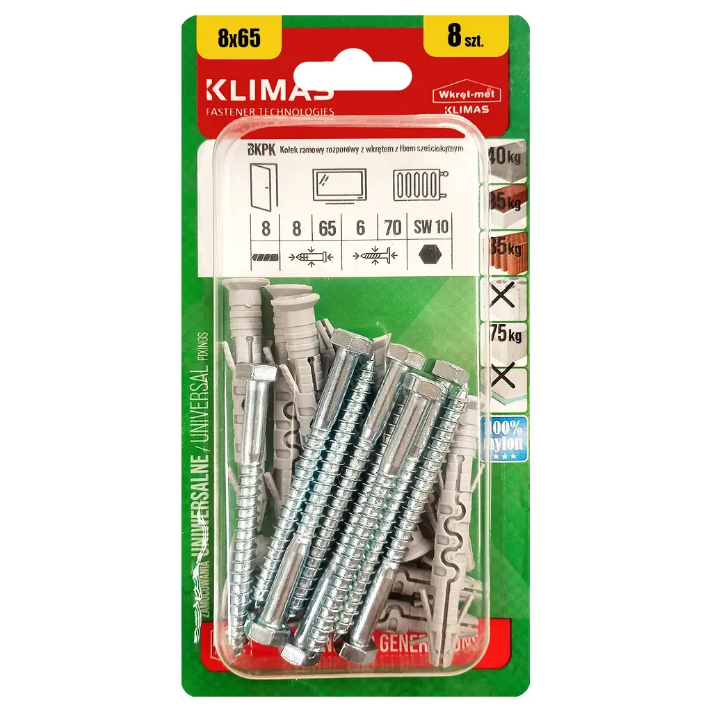 KOŁKI ROZPOROWE RAMOWE 8x65 Z ŁBEM SZEŚCIOKĄTNYM SW-10 BLISTER 8szt KLIMAS BKPK-08065