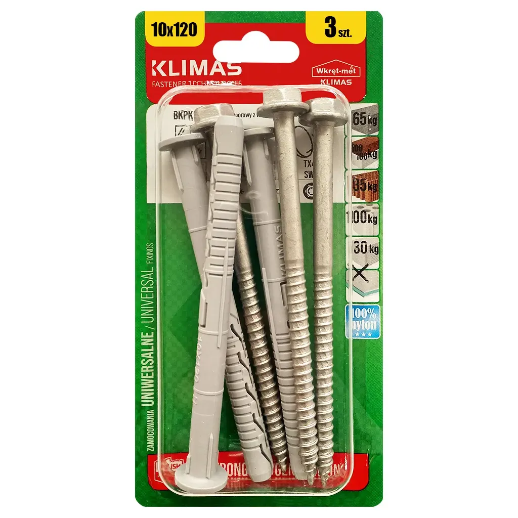 KOŁKI ROZPOROWE RAMOWE 10x120 KLUCZYK TORX BLISTER 3szt KLIMAS BKPK-10115
