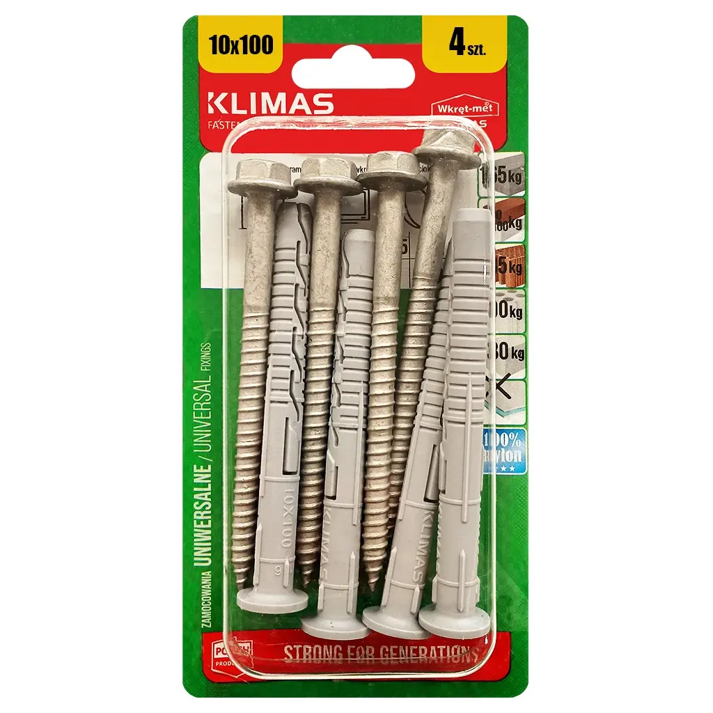 KOŁKI ROZPOROWE RAMOWE 10x100 KLUCZYK TORX BLISTER 4szt KLIMAS BKPK-10100