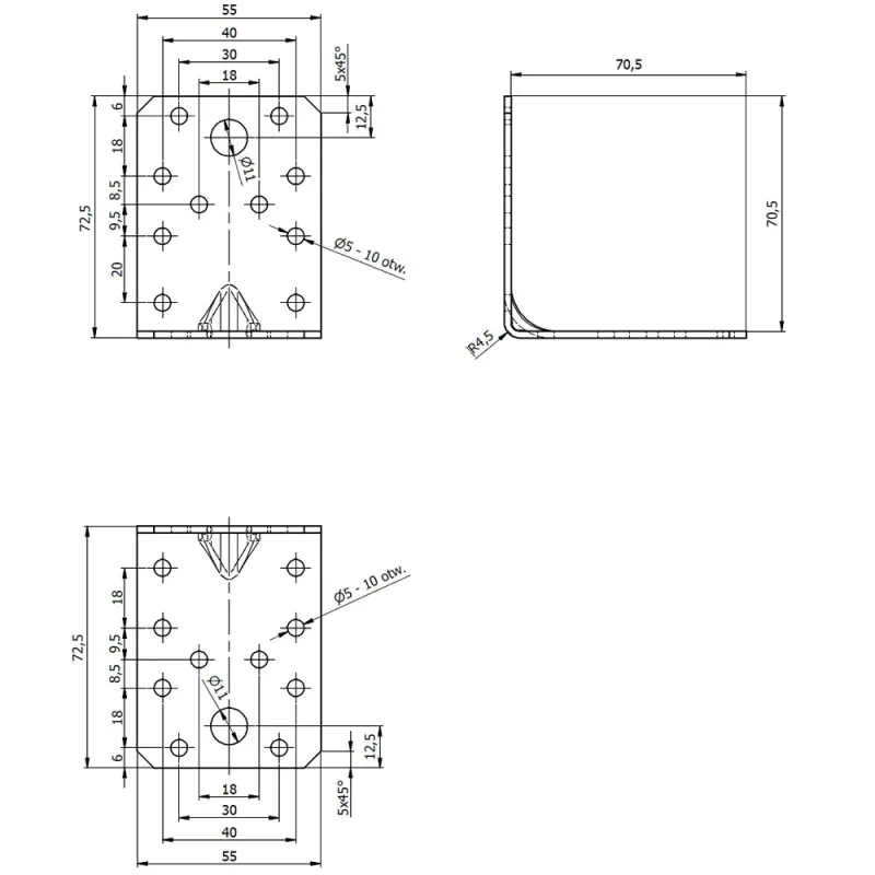 KPL4 KĄTOWNIK MONTAŻOWY ŁĄCZNIK CIESIELSKI 70x70x55x2 10szt OCYNK DOMAX