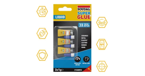 KLEJ CYJANOAKRYLOWY SEKUNDOWY SUPERSZYBKI SUPER GLUE LIQUID 1g SOUDAL 3szt
