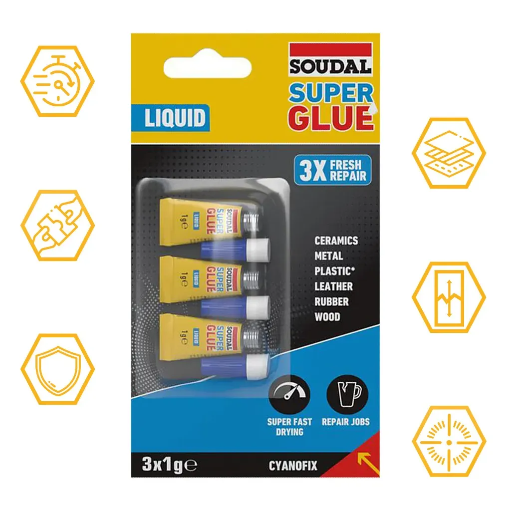 KLEJ CYJANOAKRYLOWY SEKUNDOWY SUPERSZYBKI SUPER GLUE LIQUID 1g SOUDAL 3szt