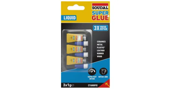 KLEJ CYJANOAKRYLOWY SEKUNDOWY SUPERSZYBKI SUPER GLUE LIQUID 1g SOUDAL 3szt