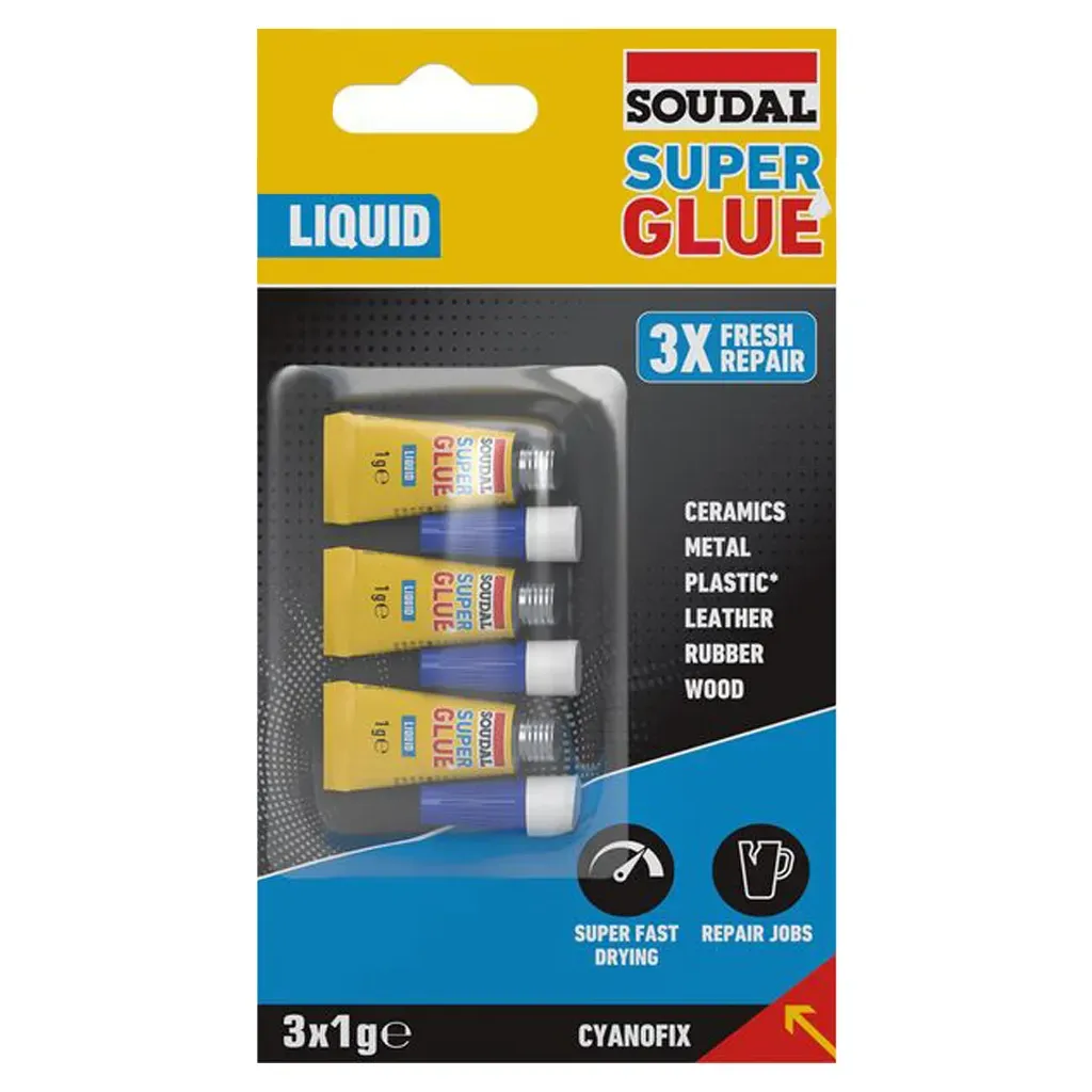 KLEJ CYJANOAKRYLOWY SEKUNDOWY SUPERSZYBKI SUPER GLUE LIQUID 1g SOUDAL 3szt