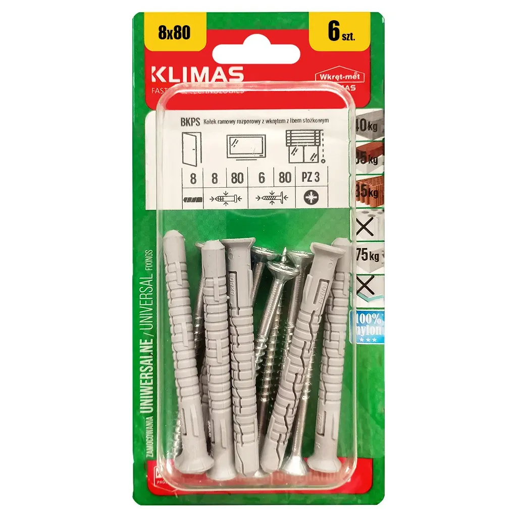 KOŁKI ROZPOROWE RAMOWE 8x80 STOŻKOWE PZ3 BLISTER 6szt KLIMAS BKPS-08080