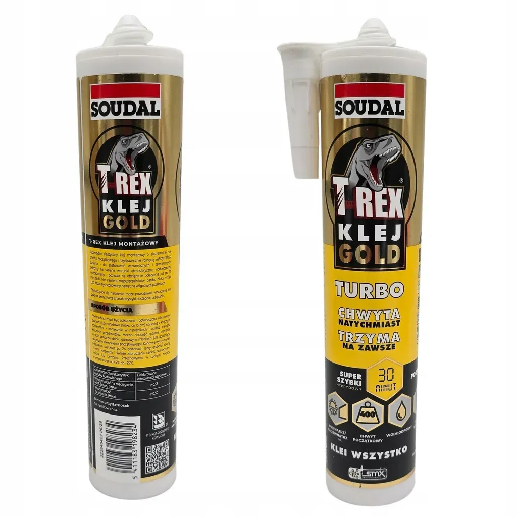 Klej Montażowy Błyskawiczny Biały Soudal T-rex Gold Turbo Szybki 290ml