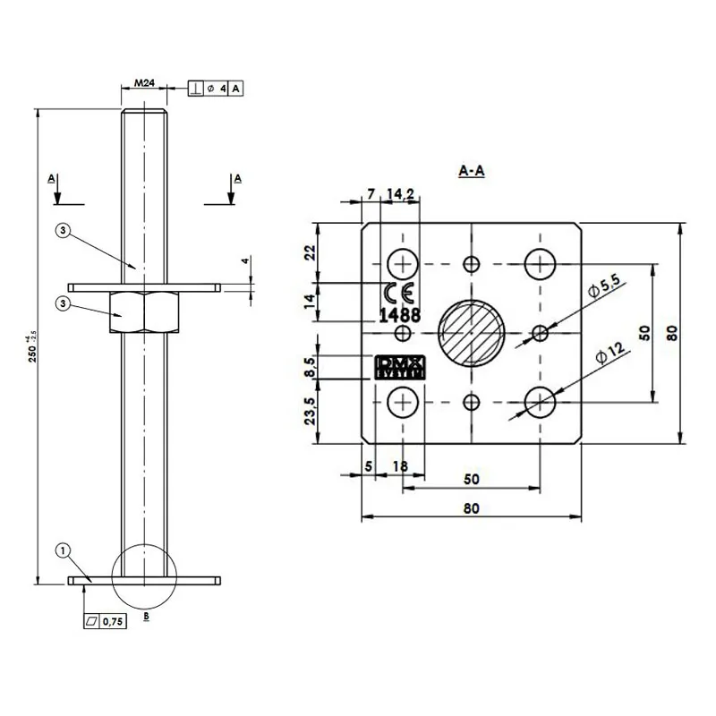 PSR 80 M24 PODSTAWA SŁUPA REGULOWANA 80x250x4