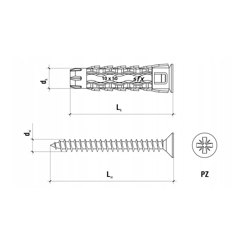 KOŁKI ROZPOROWE SFXP 10x50mm Z WKRĘTEM 60mm 50szt.