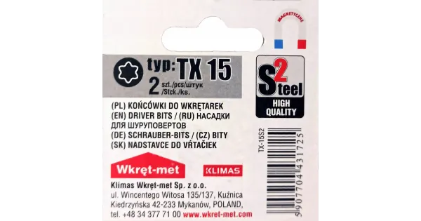 Końcówki do wkrętarek bity bit TORX TX 15 - 2 szt.