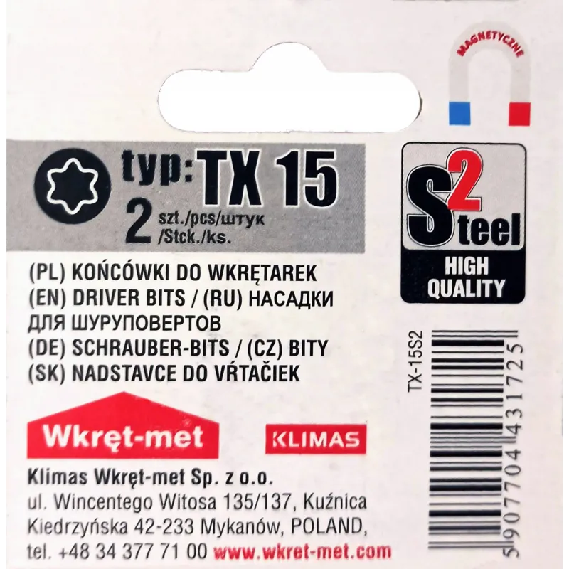 Końcówki do wkrętarek bity bit TORX TX 15 - 2 szt.