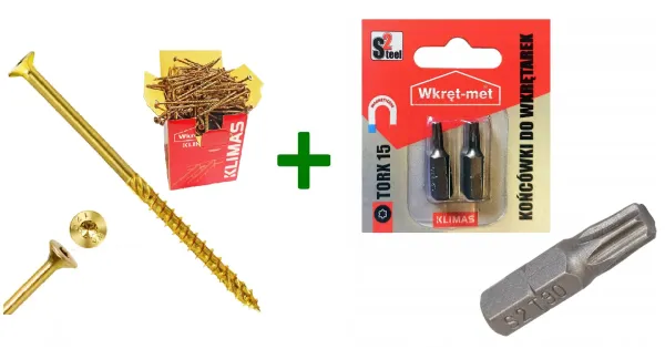 Wkręty ciesielskie stożkowe TORX 3,5x30 Klimas + Końcówki do wkrętarek, bit TORX TX15 - 2 szt.