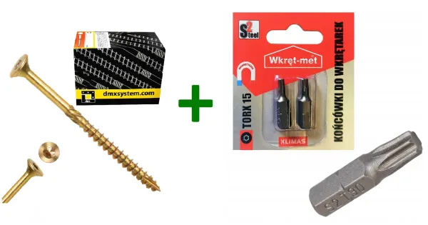 Wkręty ciesielskie stożkowe TORX 3,5x45 Domax + Końcówki do wkrętarek, bit TORX TX15 - 2 szt.