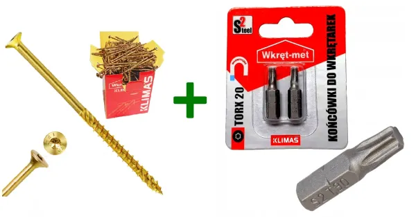 Wkręty ciesielskie stożkowe TORX 4,5x40 Klimas + Końcówki do wkrętarek, bit TORX TX20 - 2 szt.