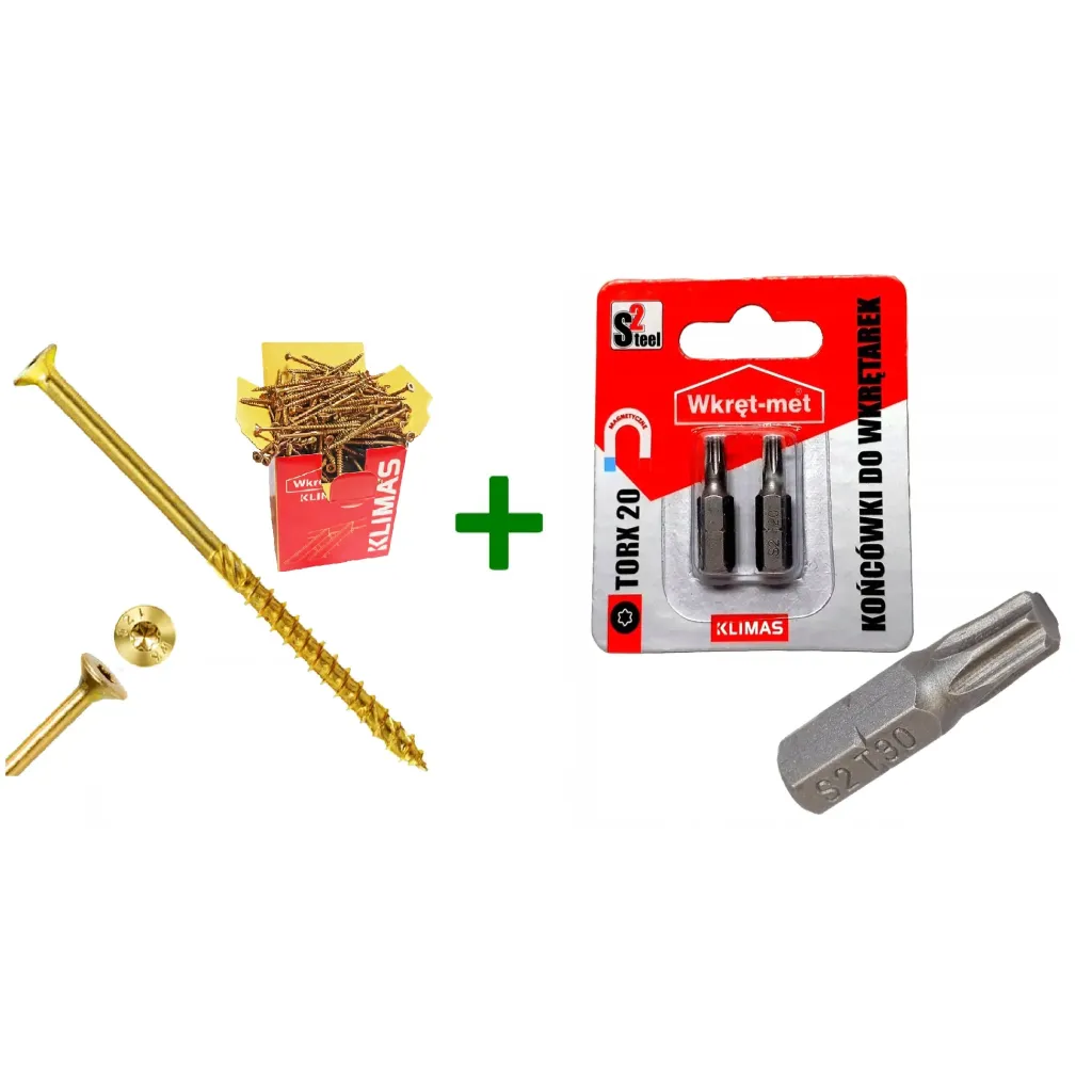 Wkręty ciesielskie stożkowe TORX 4,5x40 Klimas + Końcówki do wkrętarek, bit TORX TX20 - 2 szt.