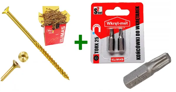 Wkręty ciesielskie stożkowe TORX 5x60 Klimas + Końcówki do wkrętarek, bit TORX TX25 - 2 szt.