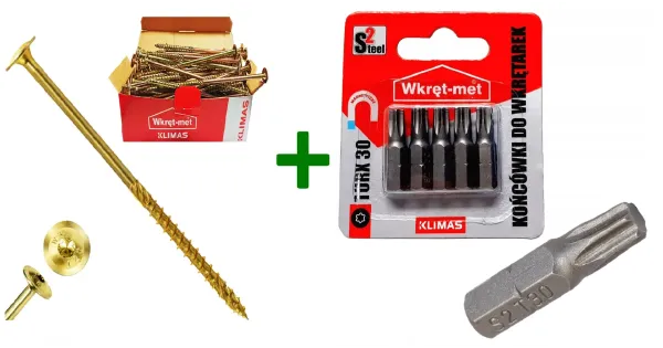 Wkręty ciesielskie talerzowe TORX 6x50 Klimas + Końcówki do wkrętarek, bit TORX TX30 - 5 szt.