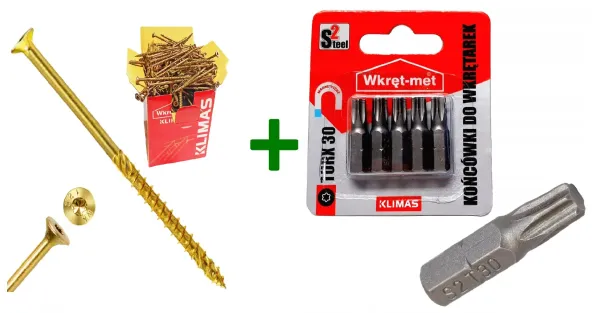 Wkręty ciesielskie stożkowe TORX 6x260 Klimas + Końcówki do wkrętarek, bit TORX TX30 - 5 szt.