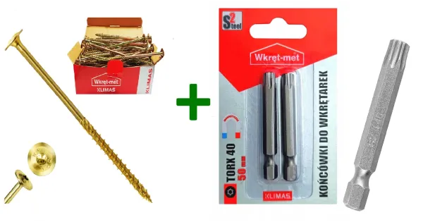 Wkręty ciesielskie talerzowe TORX 10x340 Klimas + Końcówki do wkrętarek, bit TORX TX40 (50mm) - 2 szt.