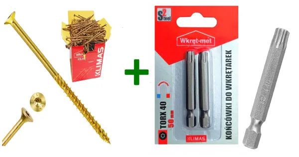 Wkręty ciesielskie stożkowe TORX 8x280 Klimas + Końcówki do wkrętarek, bit TORX TX40 (50mm) - 2 szt.