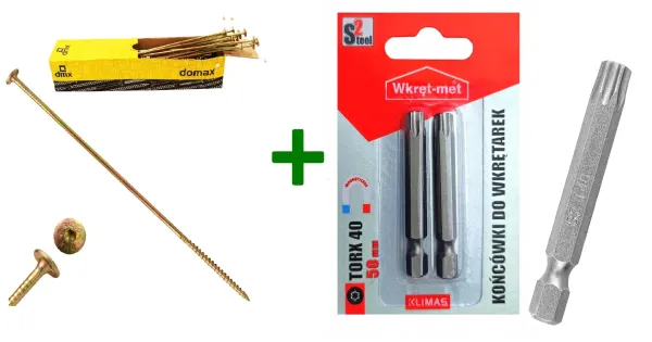 Wkręty ciesielskie talerzowe TORX 8x380 Domax + Końcówki do wkrętarek, bit TORX TX40 (50mm) - 2 szt.