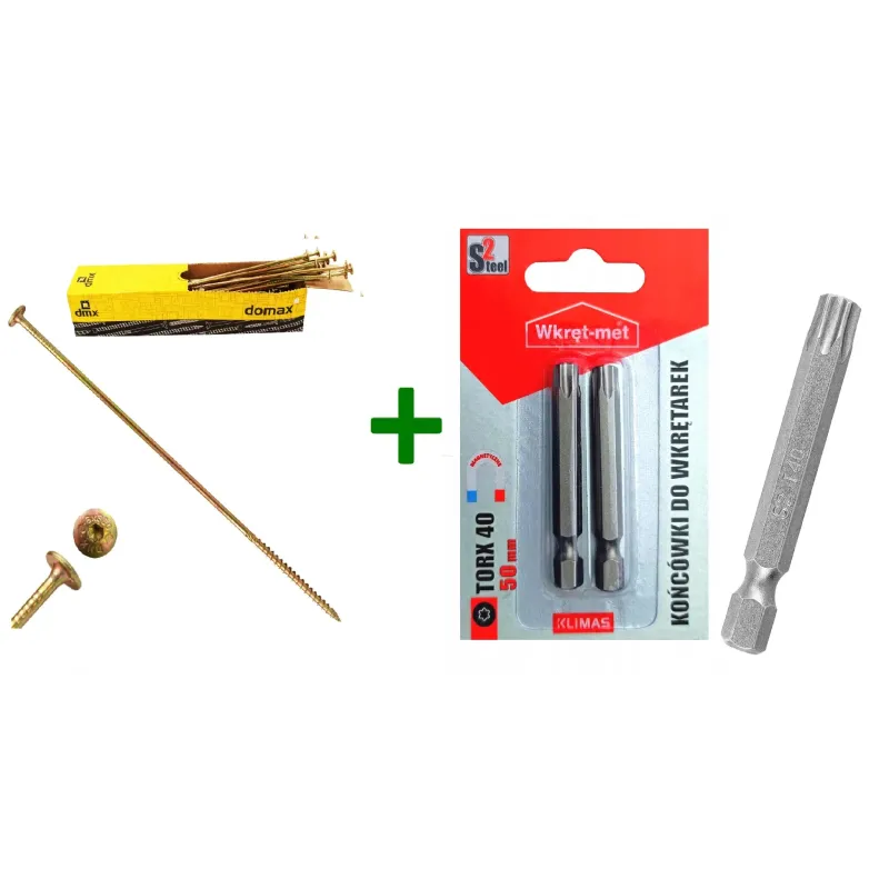 Wkręty ciesielskie talerzowe TORX 8x380 Domax + Końcówki do wkrętarek, bit TORX TX40 (50mm) - 2 szt.