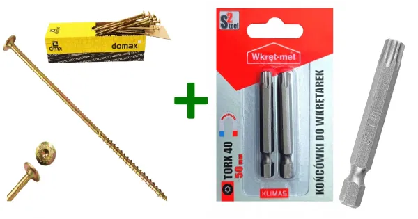 Wkręty ciesielskie talerzowe TORX 8x280 Domax + Końcówki do wkrętarek, bit TORX TX40 (50mm) - 2 szt.