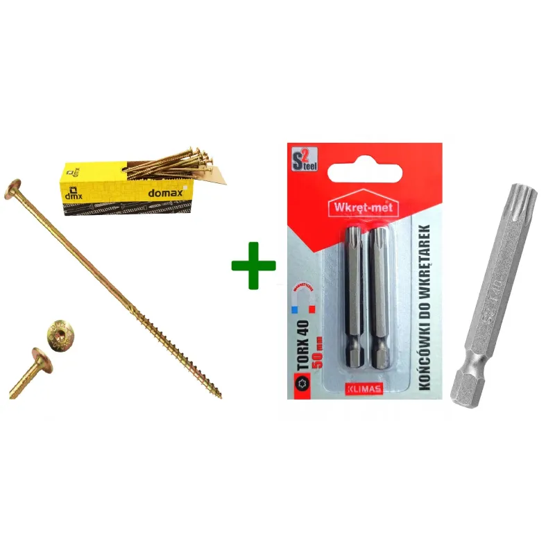 Wkręty ciesielskie talerzowe TORX 8x280 Domax + Końcówki do wkrętarek, bit TORX TX40 (50mm) - 2 szt.