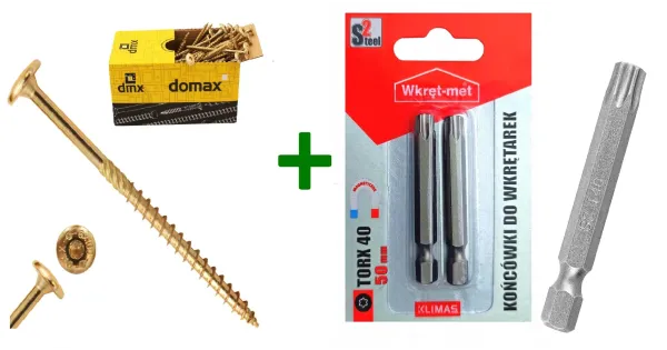 Wkręty ciesielskie talerzowe TORX 8x140 Domax + Końcówki do wkrętarek, bit TORX TX40 (50mm) - 2 szt.