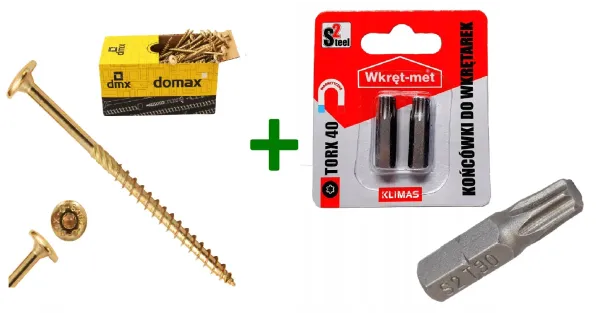 Wkręty ciesielskie talerzowe TORX 8x160 Domax + Końcówki do wkrętarek, bit TORX TX40 (25mm) - 2 szt.