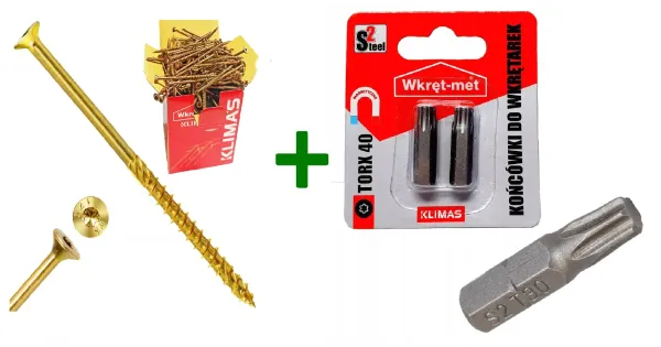 Wkręty ciesielskie stożkowe TORX 8x260 Klimas + Końcówki do wkrętarek, bit TORX TX40 (25mm) - 2 szt.