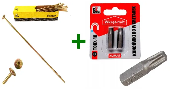 Wkręty ciesielskie talerzowe TORX 8x400 Domax + Końcówki do wkrętarek, bit TORX TX40 (25mm) - 2 szt.