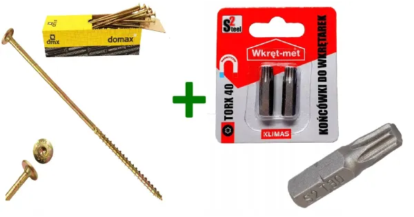 Wkręty ciesielskie talerzowe TORX 8x260 Domax + Końcówki do wkrętarek, bit TORX TX40 (25mm) - 2 szt.