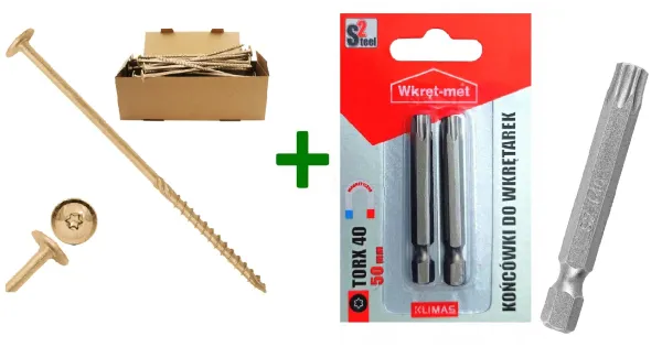 Wkręty konstrukcyjne do drewna talerzowe TX40 8x160 + Końcówki do wkrętarek, bit TORX TX40(50mm) - 2 szt.