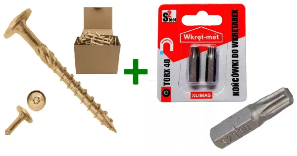 Wkręty konstrukcyjne do drewna talerzowe TX40 8x80 + Końcówki do wkrętarek, bit TORX TX40(25mm) - 2 szt.