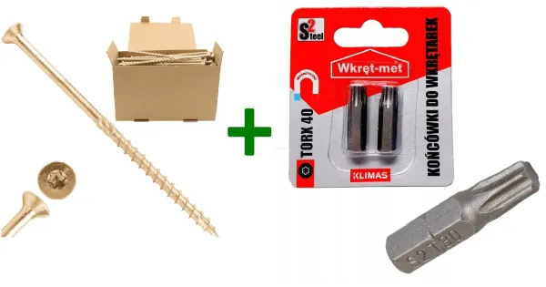 Wkręty konstrukcyjne do drewna stożkowe TX40 8x220 + Końcówki do wkrętarek, bit TORX TX40(25mm) - 2 szt.