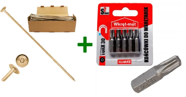 Wkręty konstrukcyjne do drewna talerzowe TX30 6x300 + Końcówki do wkrętarek, bit TORX TX30 - 5 szt.