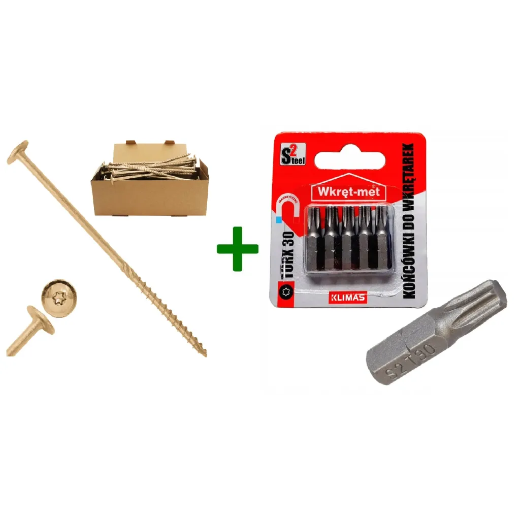 Wkręty konstrukcyjne do drewna talerzowe TX30 6x120 + Końcówki do wkrętarek, bit TORX TX30 - 5 szt.