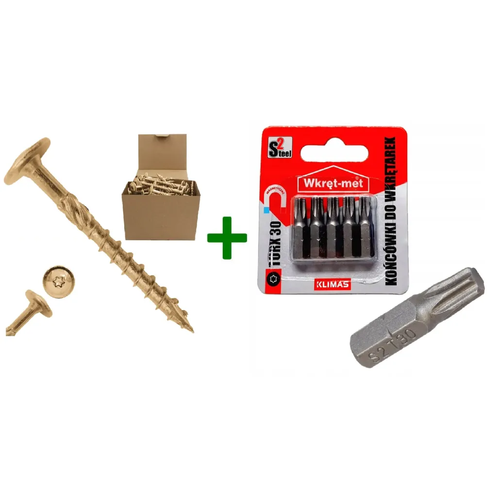 Wkręty konstrukcyjne do drewna talerzowe TX30 6x80 + Końcówki do wkrętarek, bit TORX TX30 - 5 szt.