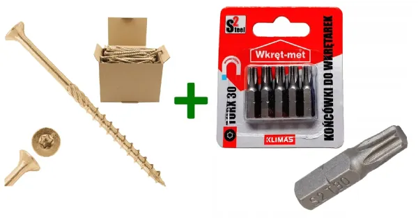 Wkręty konstrukcyjne do drewna stożkowe TX30 6x120 + Końcówki do wkrętarek, bit TORX TX30 - 5 szt.