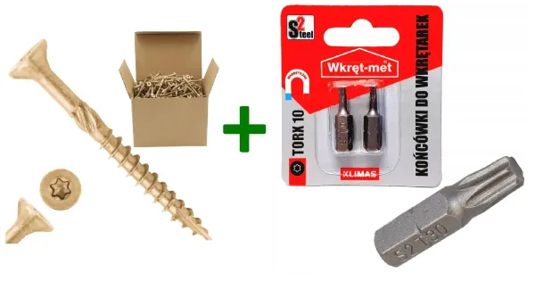 Wkręty do drewna stożkowe z gwintem ząbkowanym TX10 3x35 + Końcówki do wkrętarek, bit TORX TX10 - 2 szt.