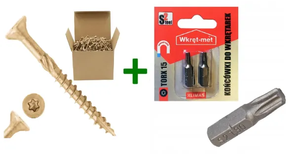 Wkręty do drewna stożkowe z gwintem ząbkowanym TX15 3,5x30 + Końcówki do wkrętarek, bit TORX TX15 - 2 szt.