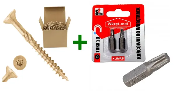 Wkręty do drewna stożkowe z gwintem ząbkowanym TX20 4,5x40 + Końcówki do wkrętarek, bit TORX TX20 - 2 szt.