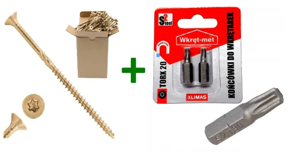 Wkręty do drewna stożkowe z gwintem ząbkowanym TX20 4,5x60 + Końcówki do wkrętarek, bit TORX TX20 - 2 szt.