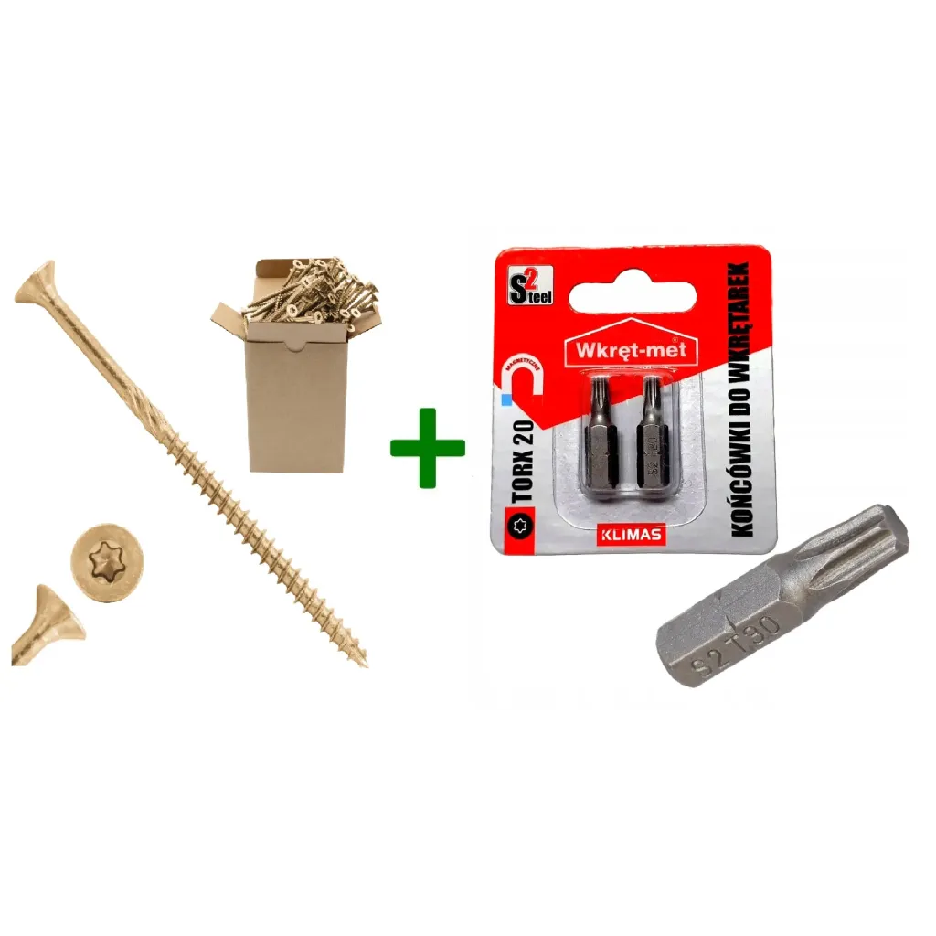 Wkręty do drewna stożkowe z gwintem ząbkowanym TX20 4,5x70 + Końcówki do wkrętarek, bit TORX TX20 - 2 szt.